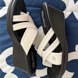 Skechers Cream Crisscross Platform Wedge Sandals with Black Sole